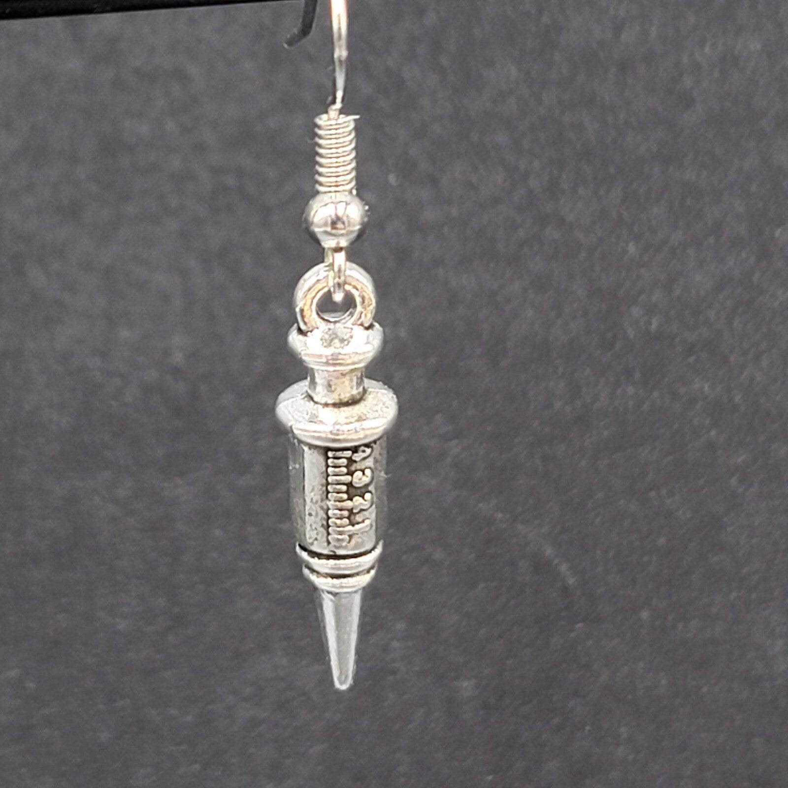 Syringe Nurse Pierced Earrings Silver tone Medical Dangle 1"