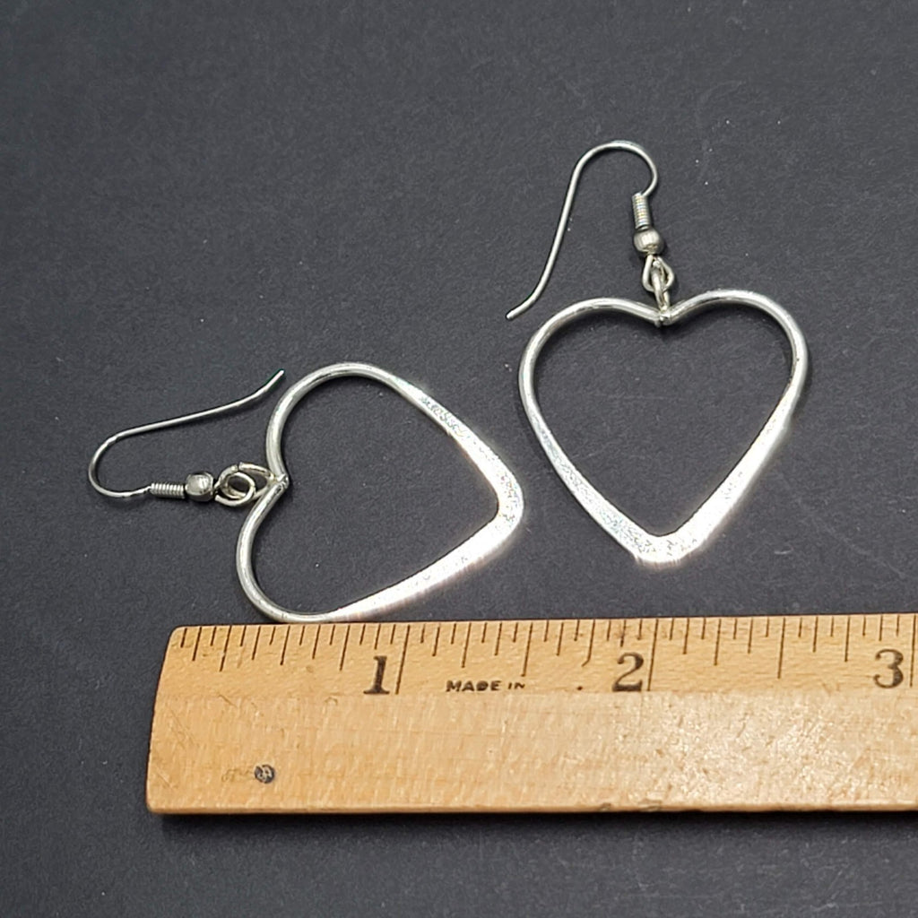 Open Heart Wire Pierced Earrings Silver tone Dangle 1.25"