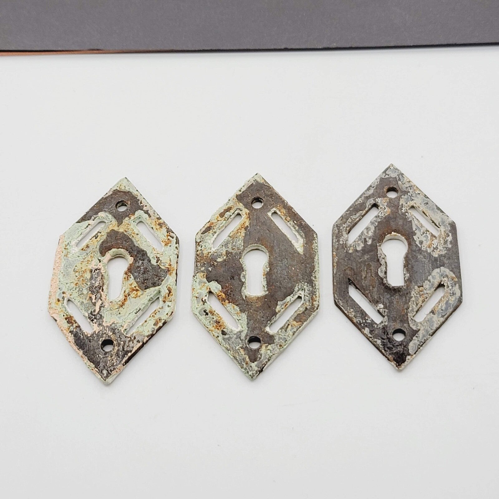 Set of 3 Vintage Cast Iron Skeleton Key hole Escutcheon Salvage Lot Painted