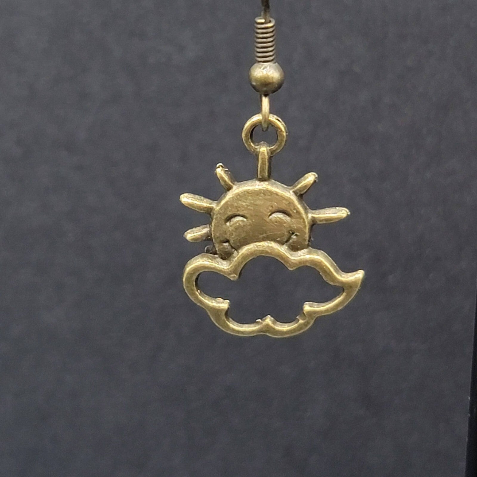 New Happy Sun Clouds Pierced Earrings Bronze tone Dangle 3/4"