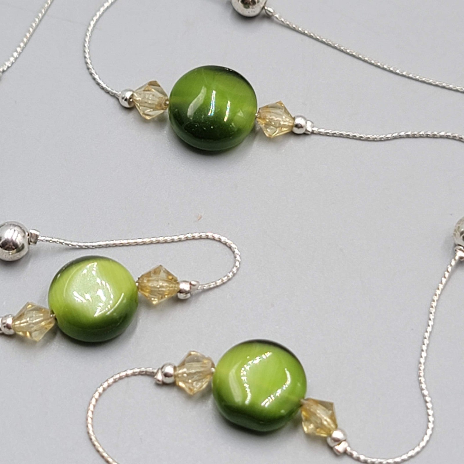 Green Cats Eye Glass Station Bead Necklace Silver tone Long 34"