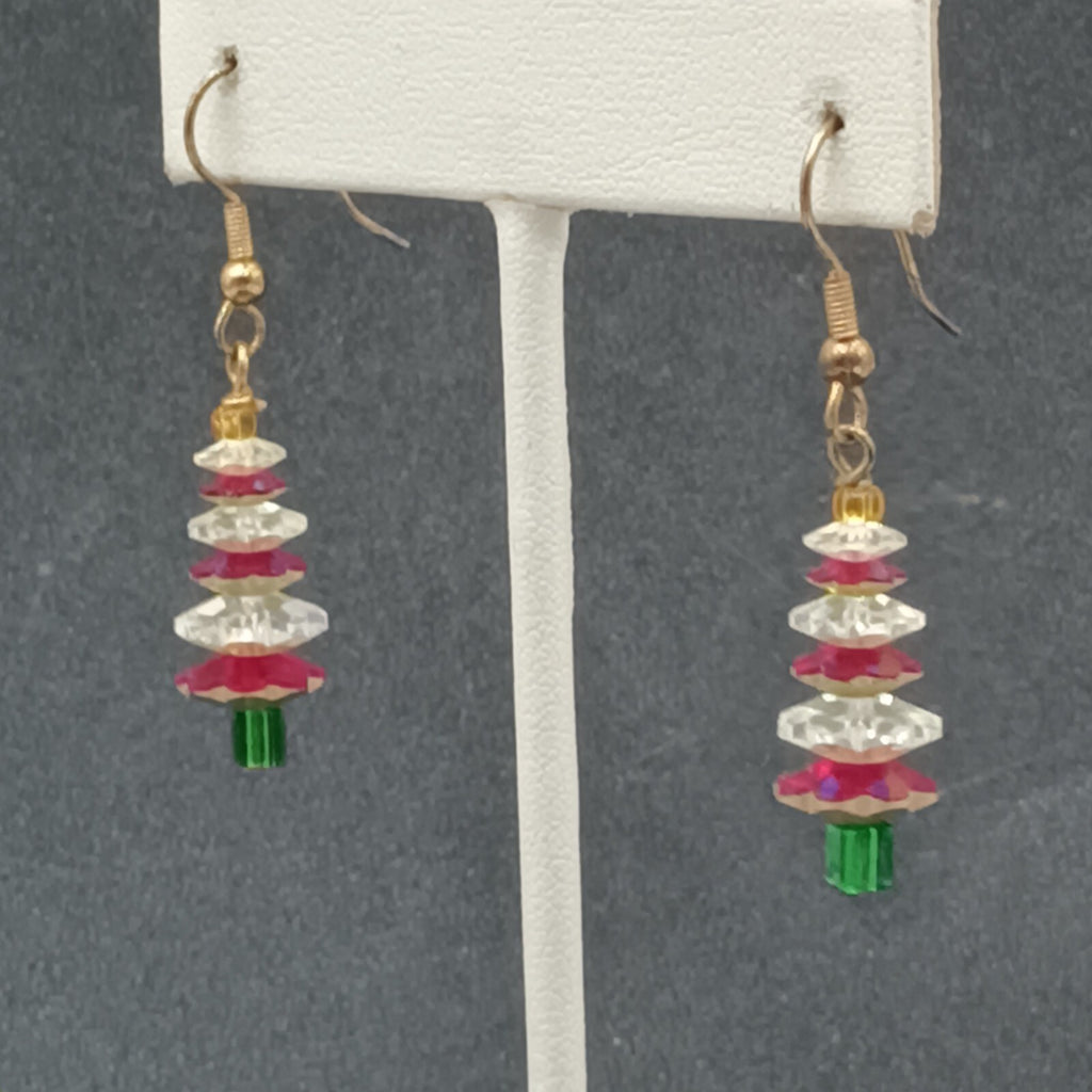 Pierced Earrings Red White Crystal Bead Christmas Tree Statement Dangle 1"