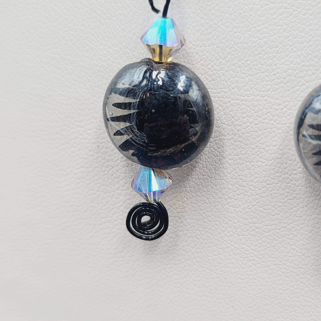 Pierced Earrings Black Art Glass Bead Crystal Black Wire Dangle 1.5"