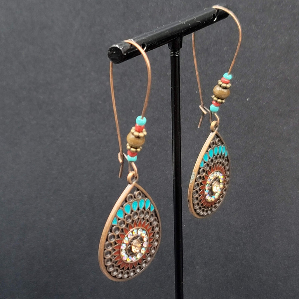 New Boho Pierced Earrings Copper tone AB Crystal Beaded 2 5/8"