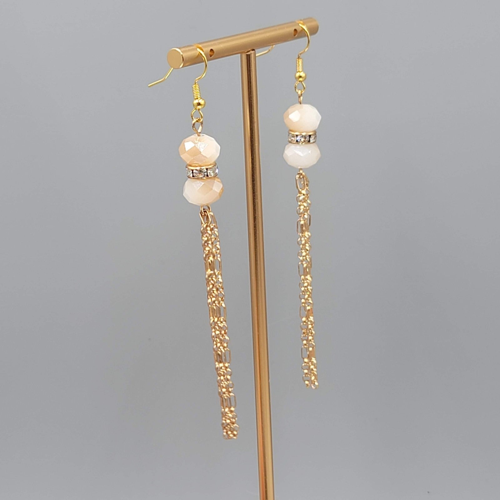 Gold tone Dangle Chains Pierced Earrings Ombre Faceted Glass Beads 3"