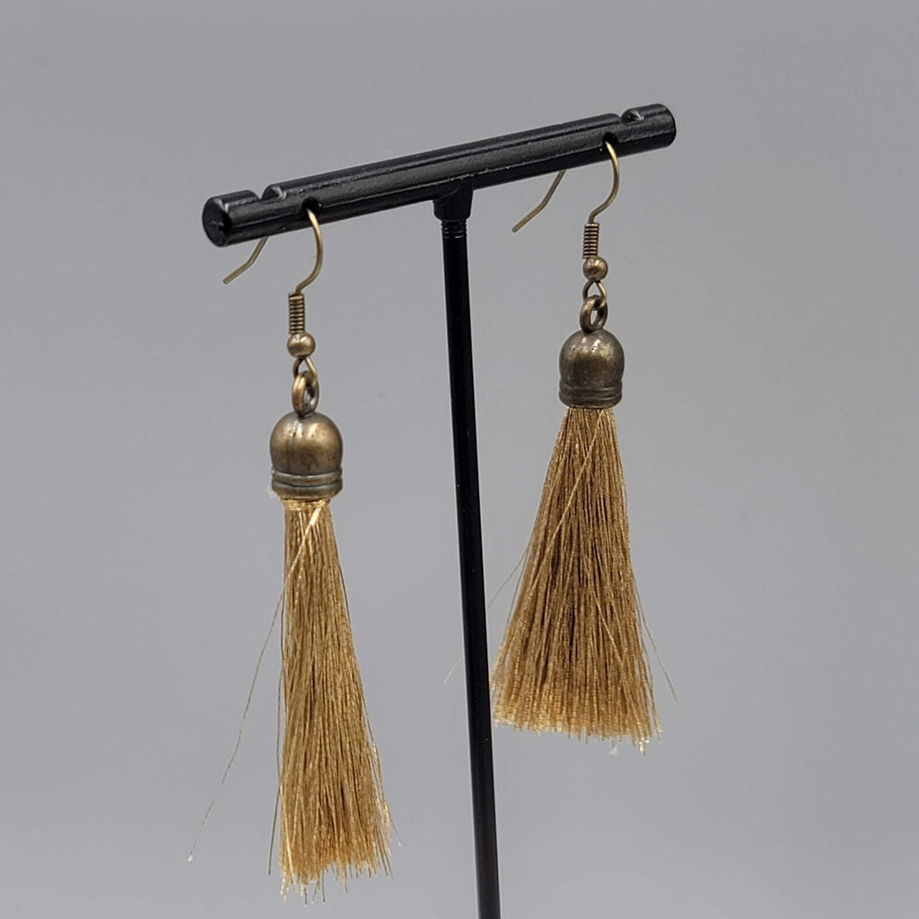 Tassel Pierced Earrings Bronze tone Gold Thread Dangle 2"