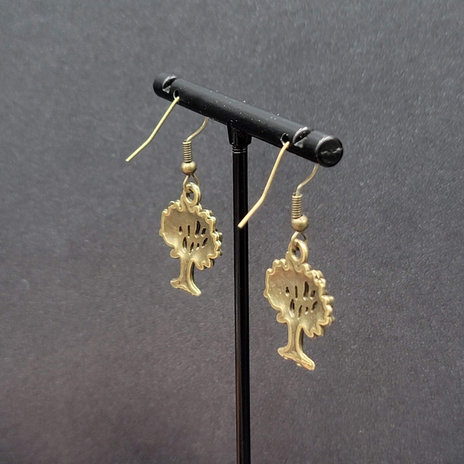 Tree Pierced Earrings Bronze tone Embossed Detail Dangle 7/8"