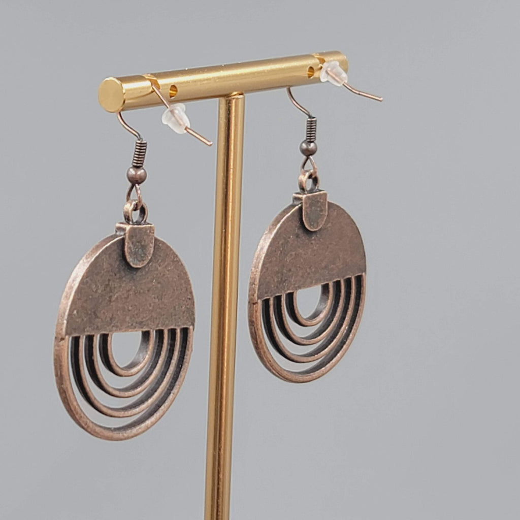 Bronze tone Dangle Pierced Earrings Textured Round Open Work Dangle 1 3/8"