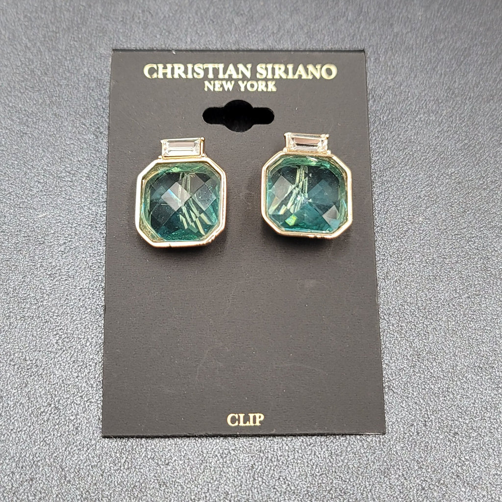 Christian Siriano New York Clip on Earrings Gold Plated Faceted Light Blue Glass