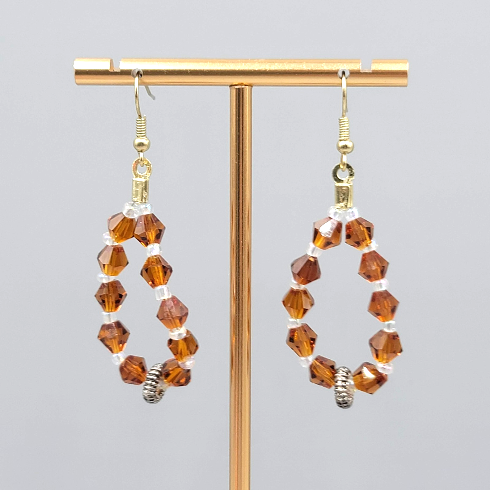Brown Crystal Bead Pierced Earrings Gold tone Dangle 1.75"