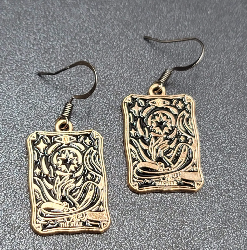 Tarot Card Pierced Earrings The STAR Gold tone Black 1"