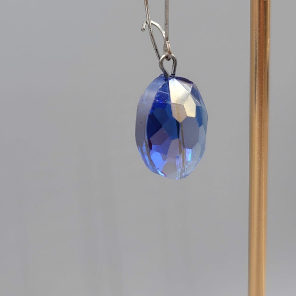 Faceted Blue Crystal Bead Pierced Earrings Silver tone Dangle Long 2.75 in