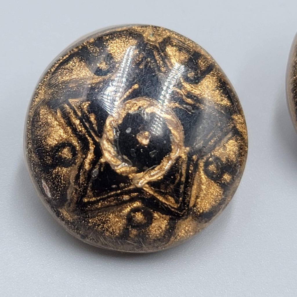 Vintage Star Resin Pierced Earrings Black Gold Round Domed 1"