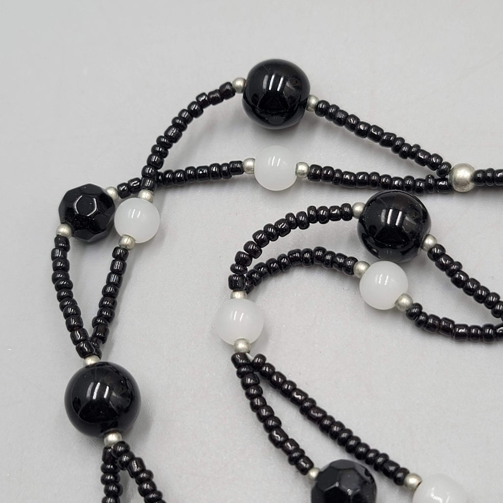 Black Glass Bead White Opaque Double Strand Necklace 20"-22"