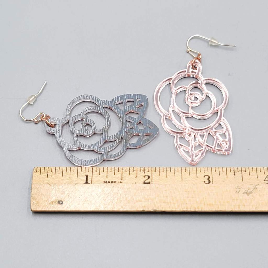 Pink Mirrored Open Work Flower Pierced Earrings Silver tone Dangle 2"