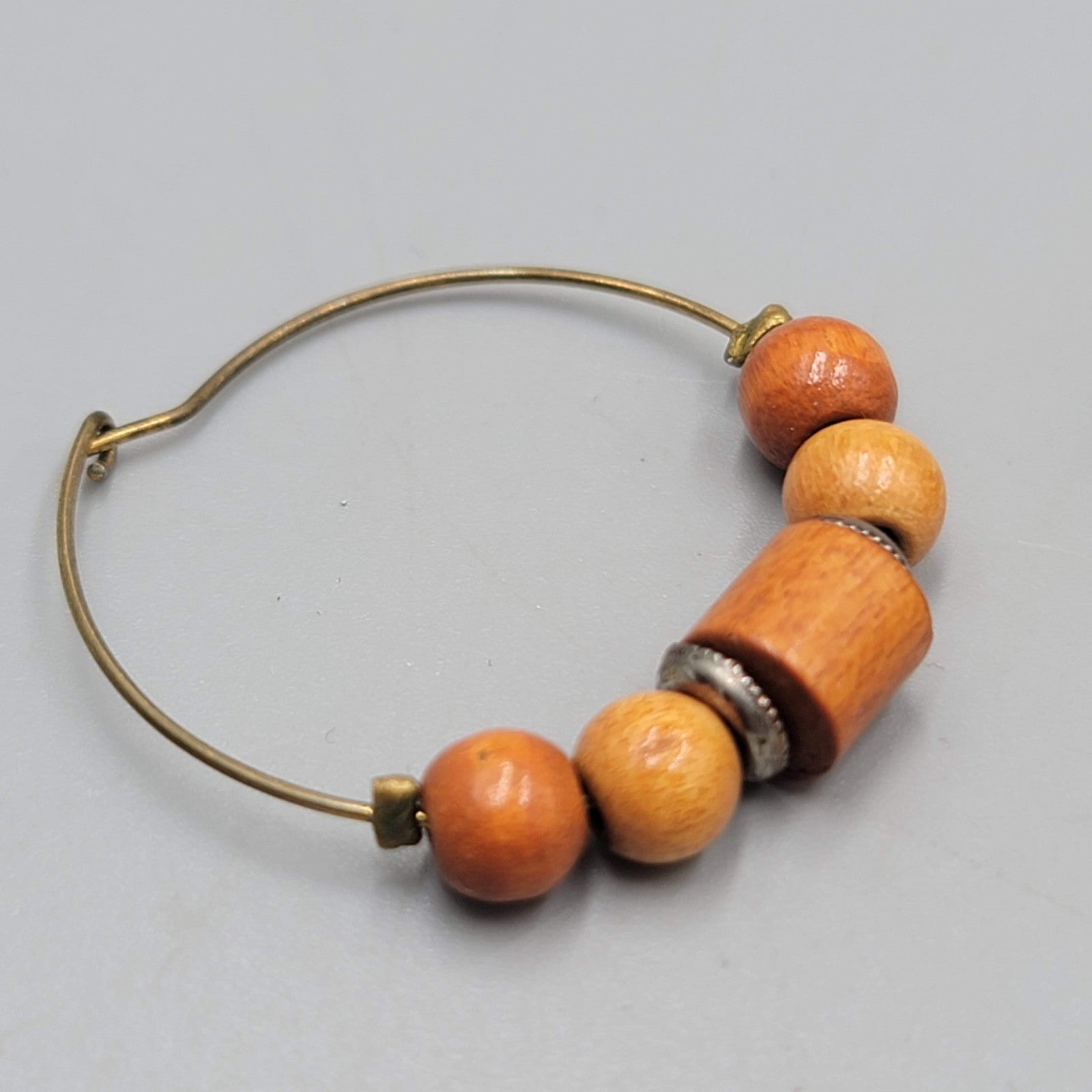 Wood Bead Hoops Pierced Earrings Bronze tone Dangle 1.25"