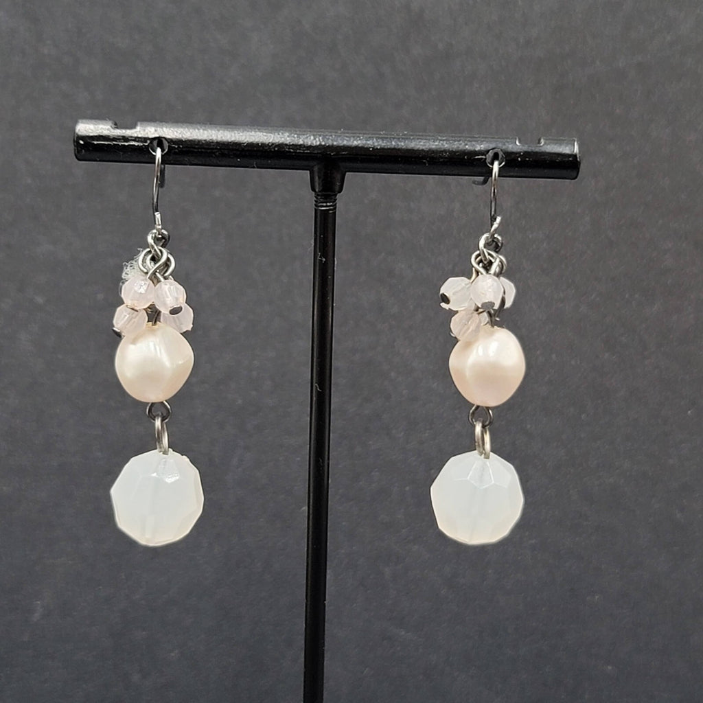 Pierced Earrings Black Metal Pale Pink Beads Dangle 1.5"