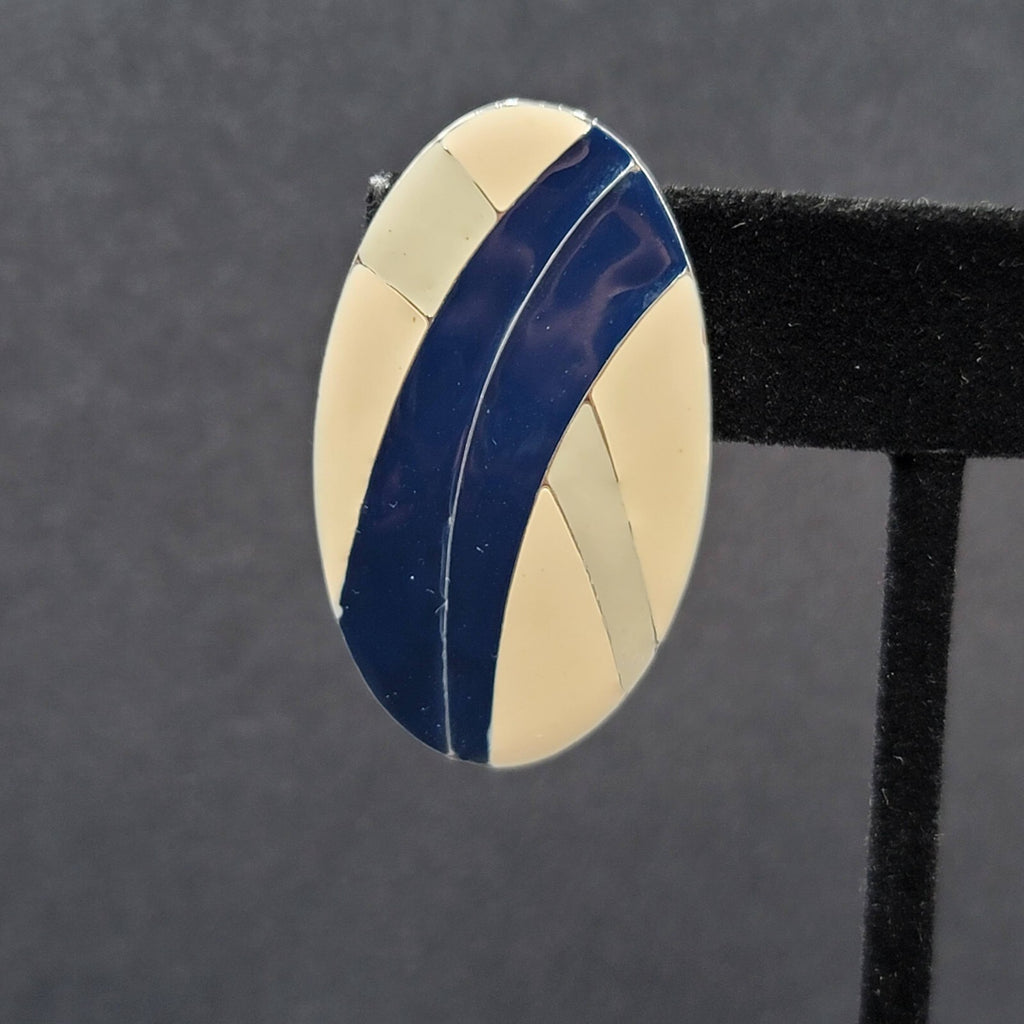 Vintage Pierced Earrings Tan Blue Oval Enamel Drop 1.5"