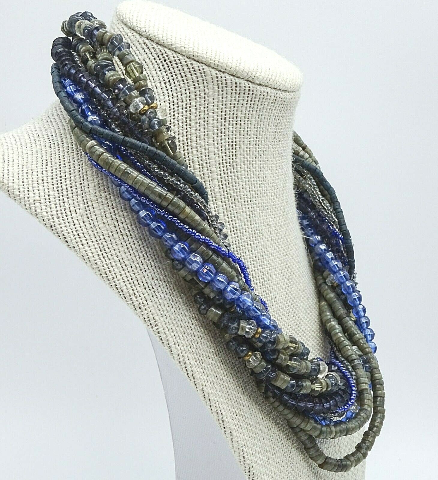 Vintage Necklace Blue Gray Bead Shell 12 Strand Estate Costume Jewelry 18"
