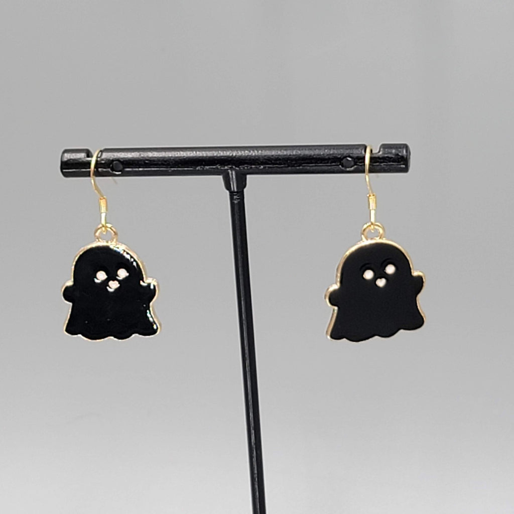 Black Enamel Ghost Pierced Earrings Dangle Gold tone Halloween Cute 7/8"