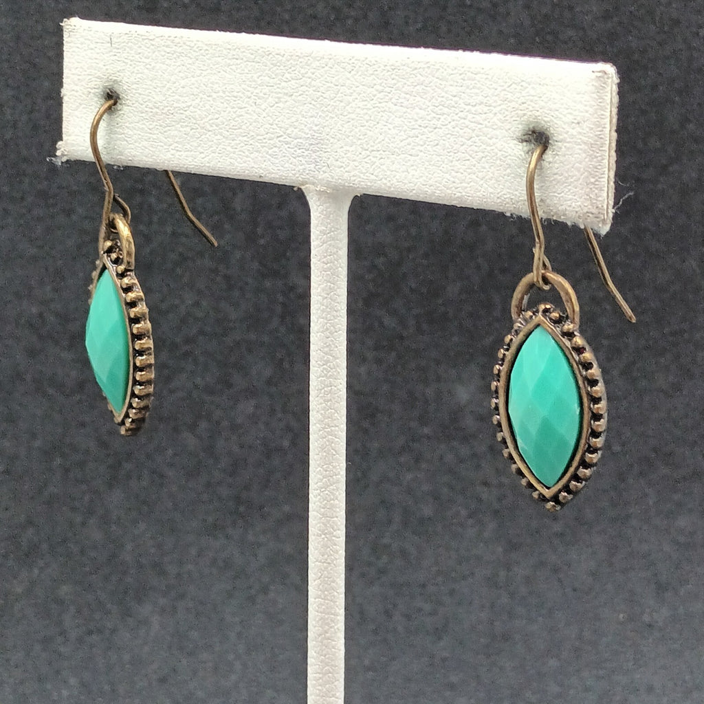 Pierced Earrings Antiqued Gold tone Faceted Faux Turquoise Acrylic Dangle 3/4"