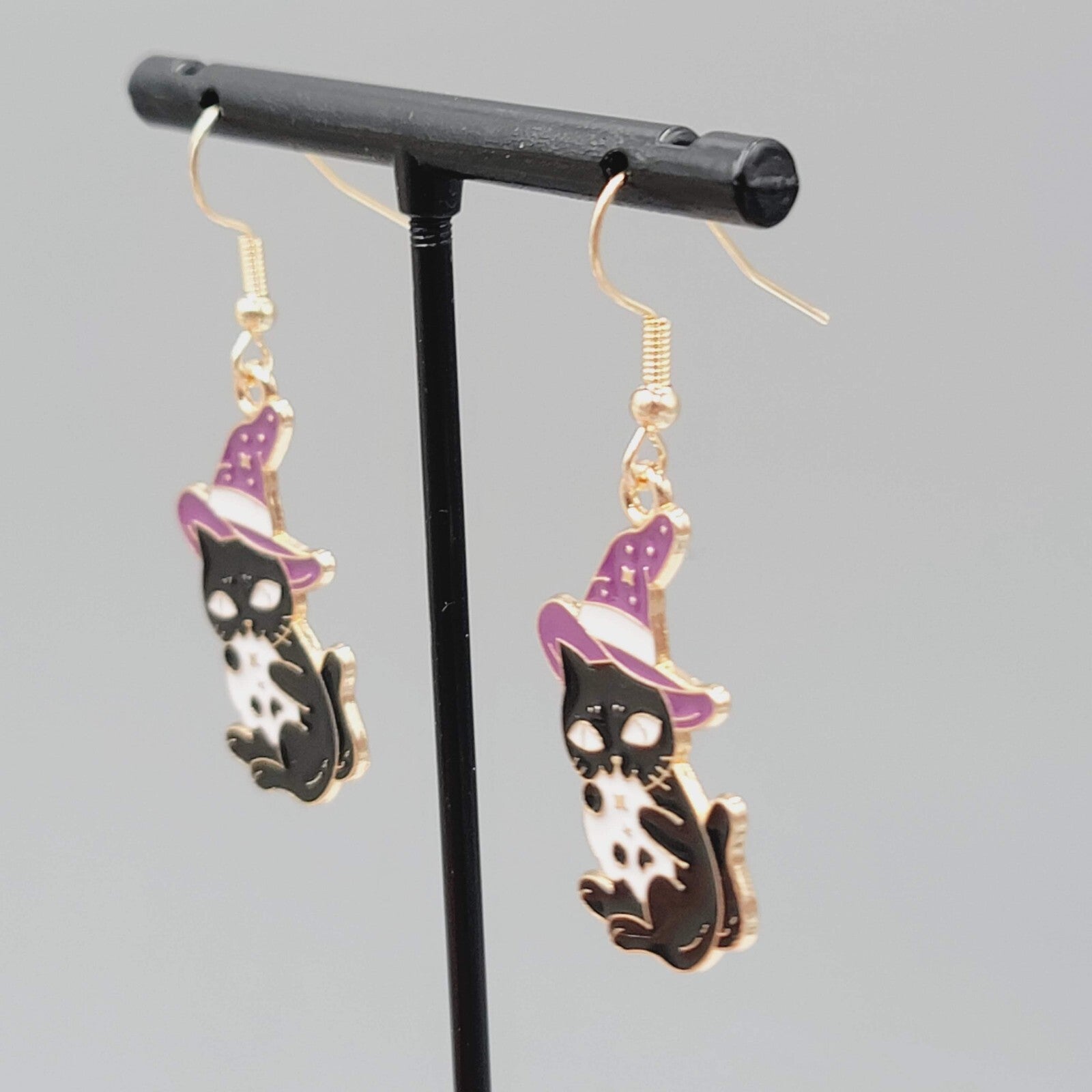 Black Cat Witch Pierced Earrings Enamel Gold tone Dangle New 1.25"