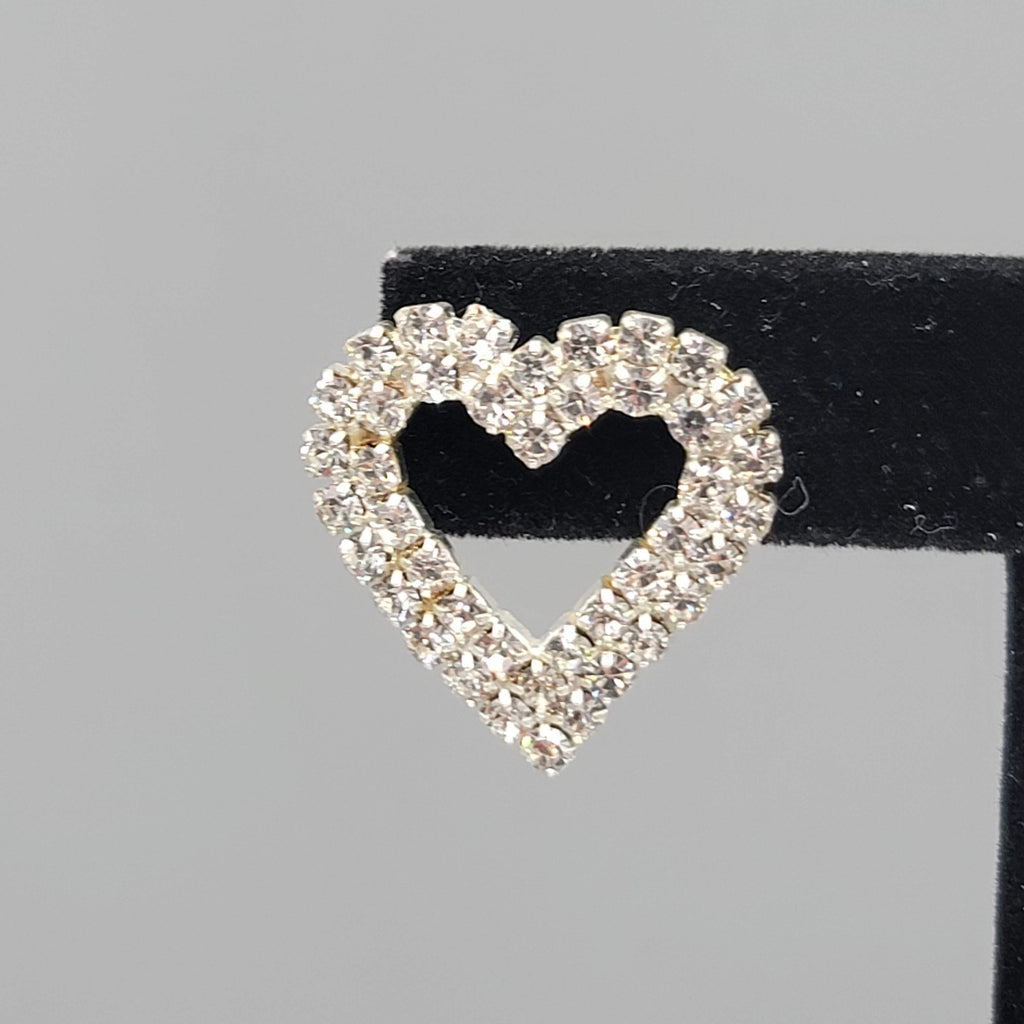 Rhinestone Open Heart Pierced Earrings Silver tone Drop 1 in