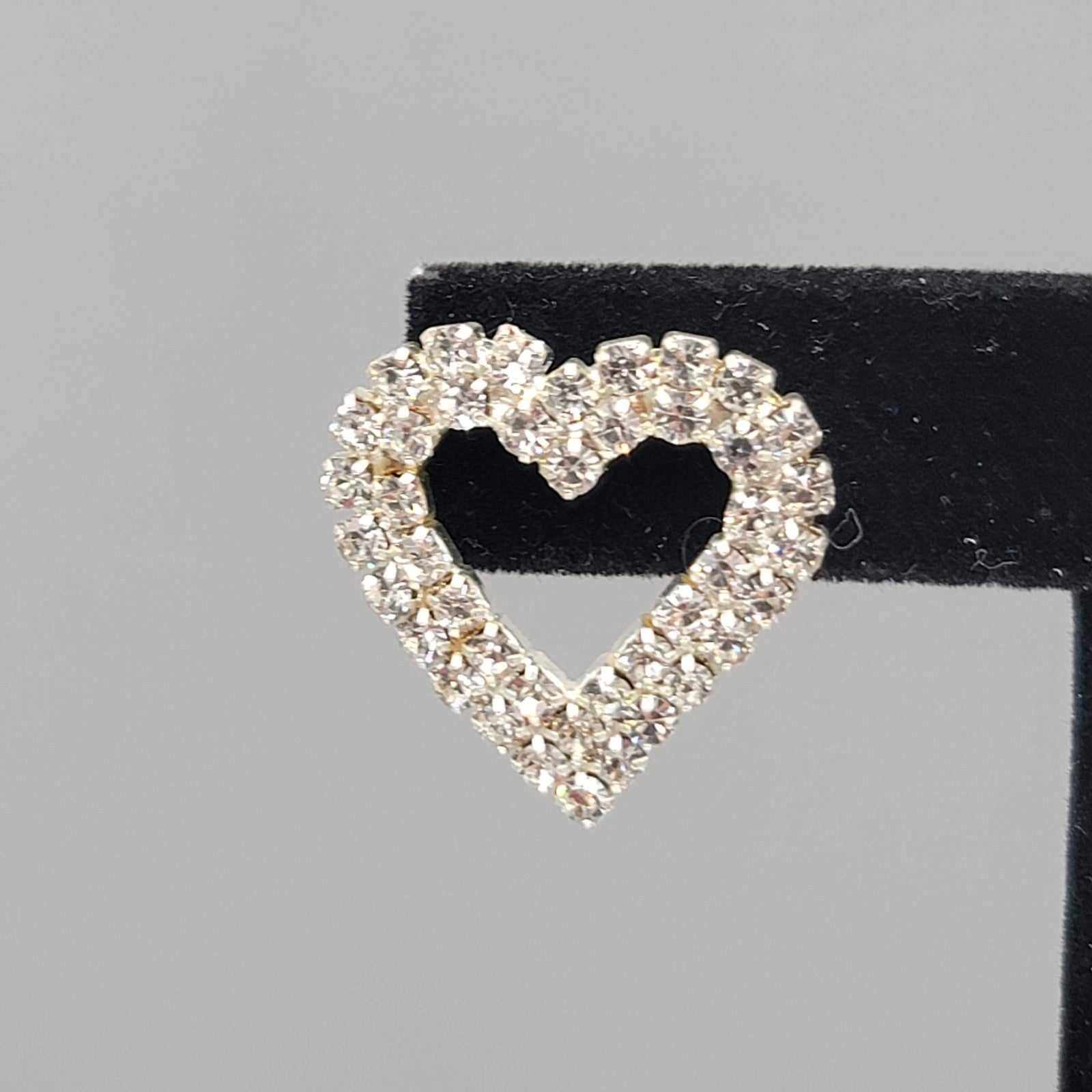 Rhinestone Open Heart Pierced Earrings Silver tone Drop 1 in