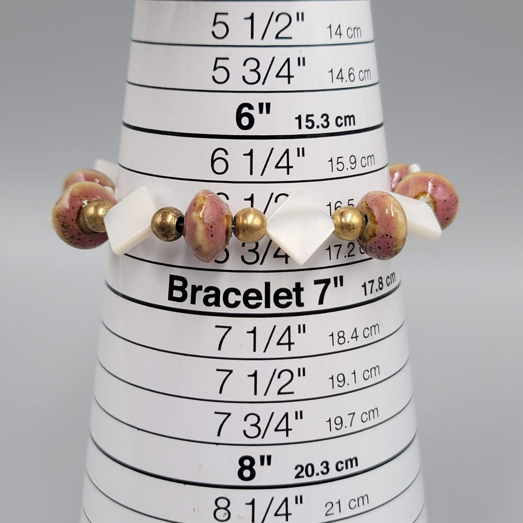 Beaded Bracelet Pottery and Mother of Pearl Beads Gold tone Toggle 6.75 in