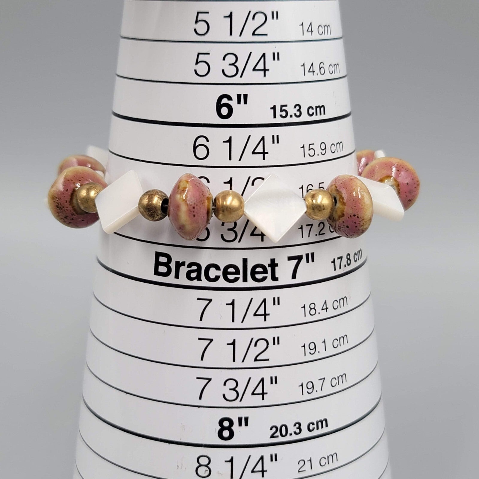 Beaded Bracelet Pottery and Mother of Pearl Beads Gold tone Toggle 6.75 in
