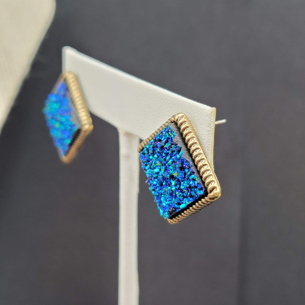 Blue Druzy Necklace Pierced Earrings Jewelry Set Glitter Gold tone 17"-20"