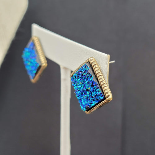Blue Druzy Necklace Pierced Earrings Jewelry Set Glitter Gold tone 17"-20"