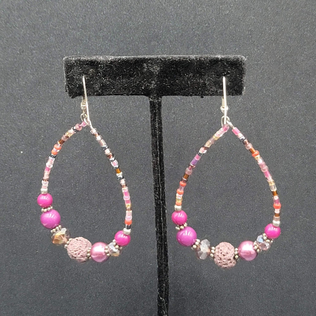 Pierced Earrings Purple Beaded Teardrop Hoops  2.5"