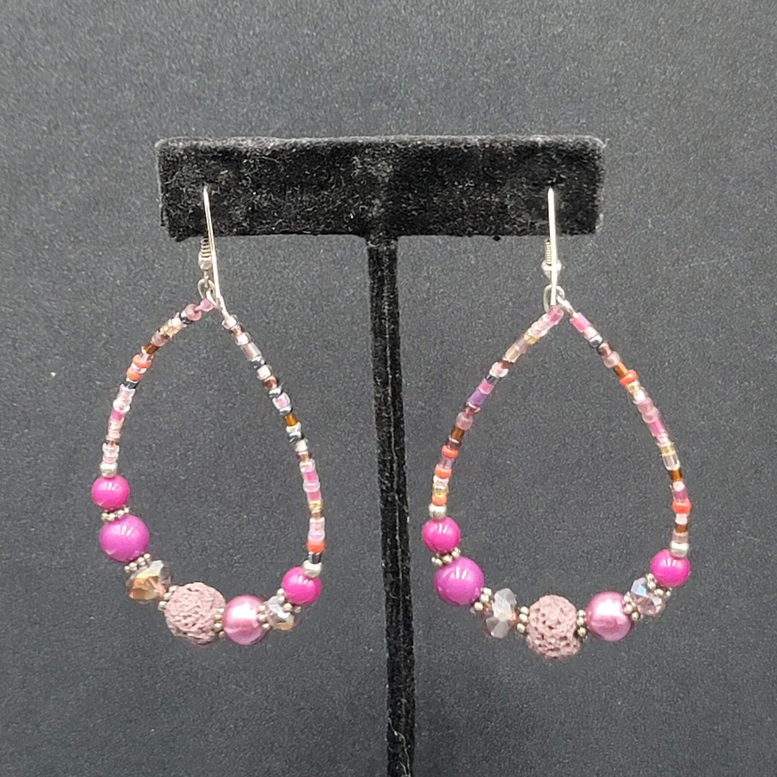 Pierced Earrings Purple Beaded Teardrop Hoops  2.5"