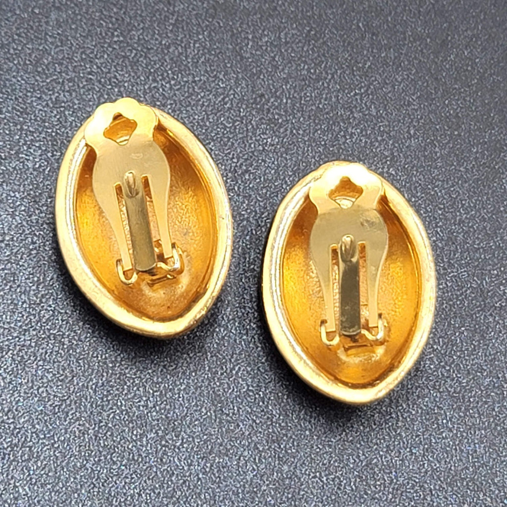 Vintage Clip on Earrings Gold Plated Black Enamel Drop Statement 1.25"