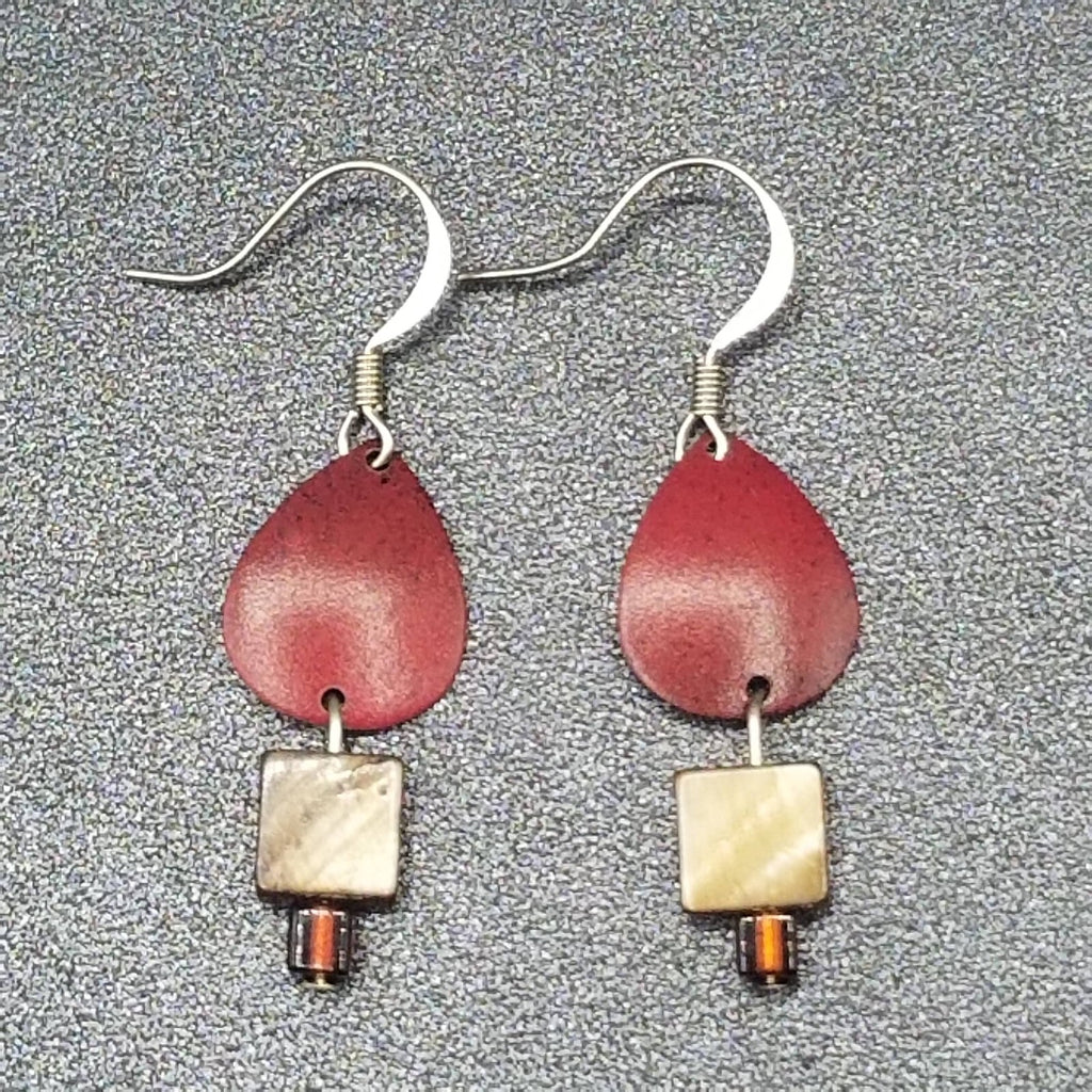 Pierced Earrings Red Enamel Shell Statement Dangle 3/8"
