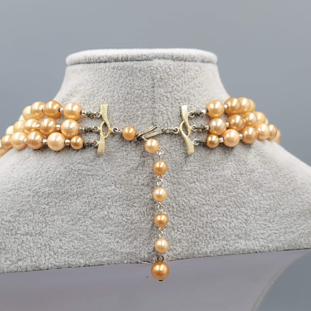 Vintage Triple Strand Necklace Beige Glass Moonstone Gold tone 