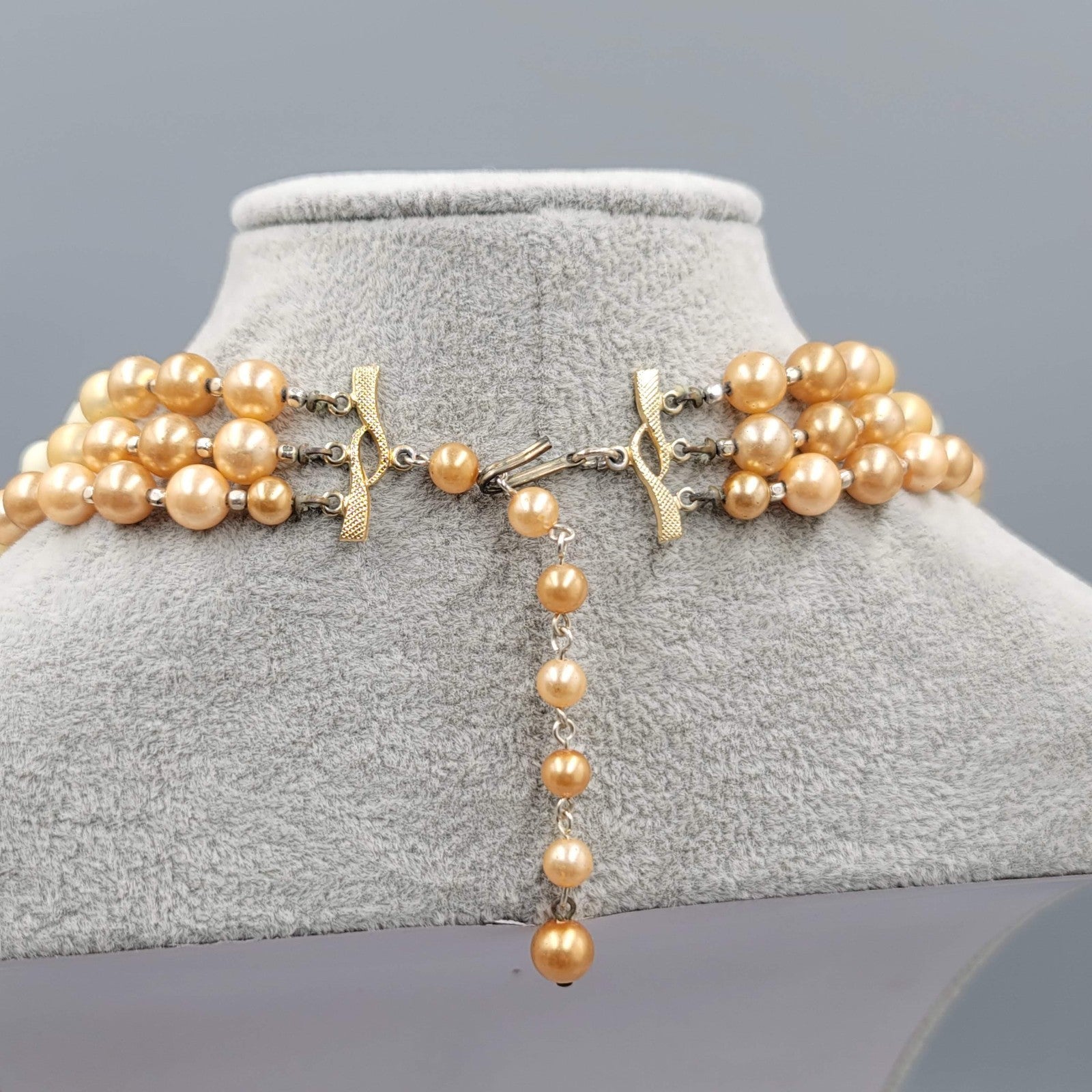 Vintage Triple Strand Necklace Beige Glass Moonstone Gold tone 