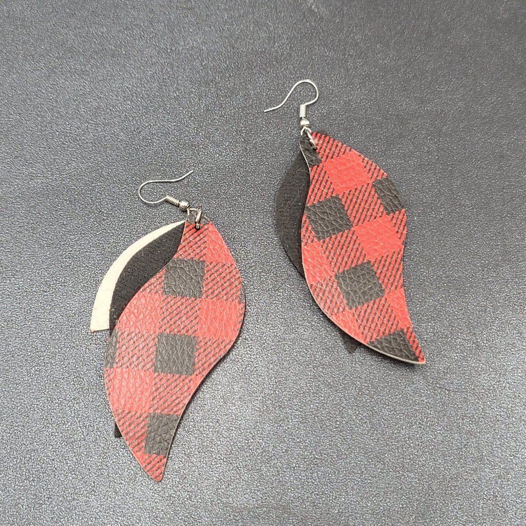 Pierced Earrings Faux Leather Leopard Print Red Plaid Silver tone Dangle 3"