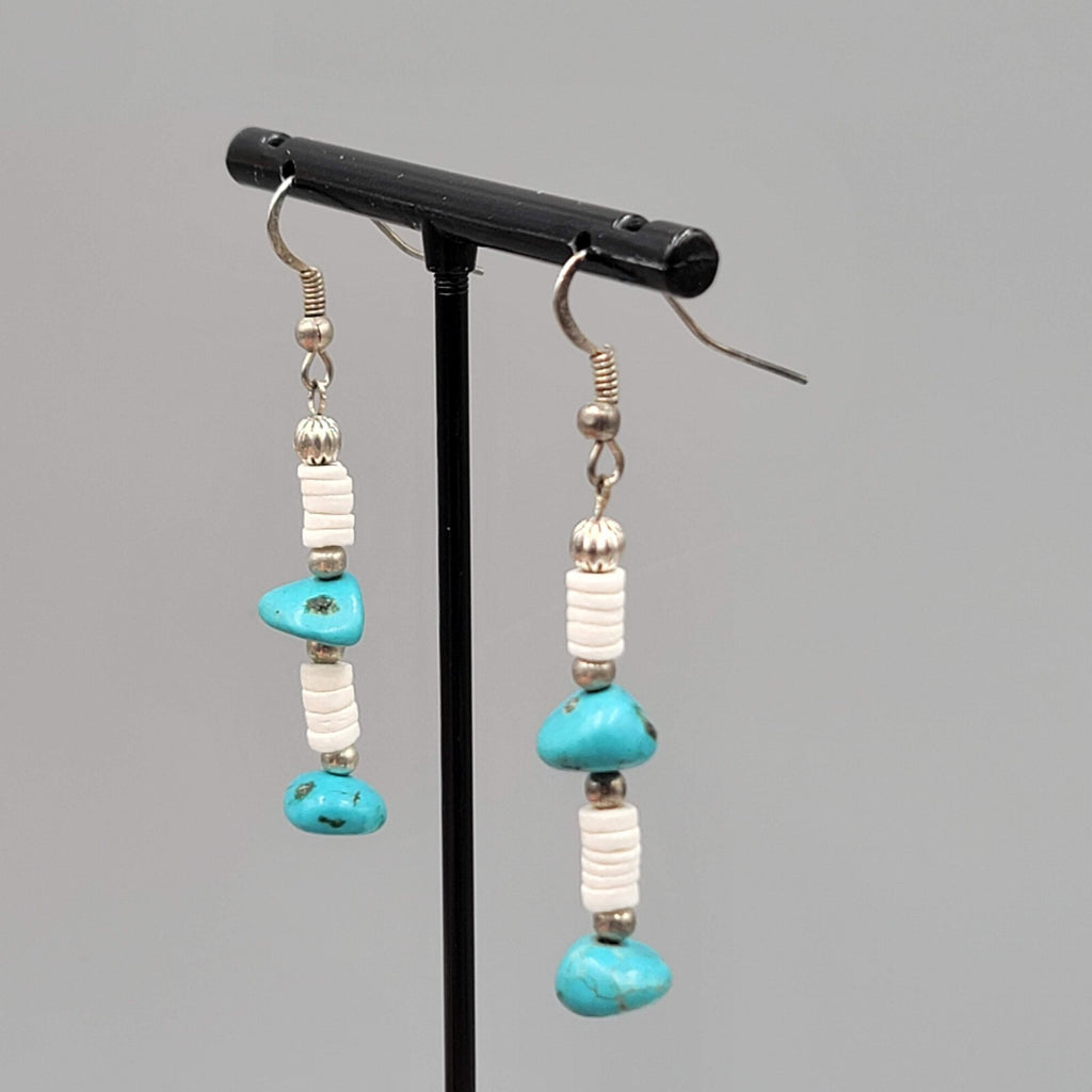 Sterling Silver Pierced Earrings Turquoise Nugget Bead Shell Heishi  1.5" 925