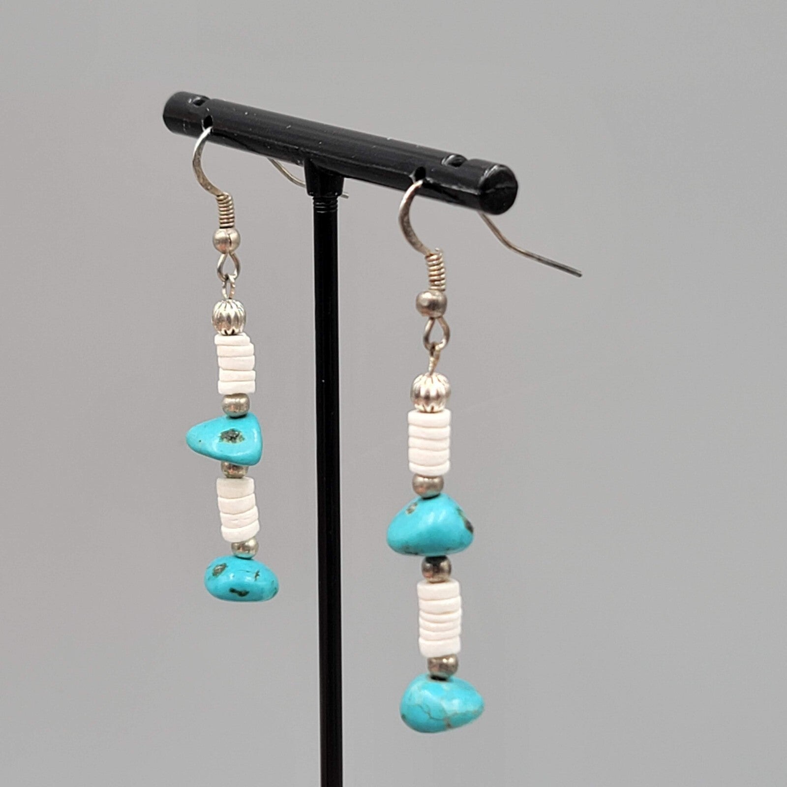 Sterling Silver Pierced Earrings Turquoise Nugget Bead Shell Heishi  1.5" 925