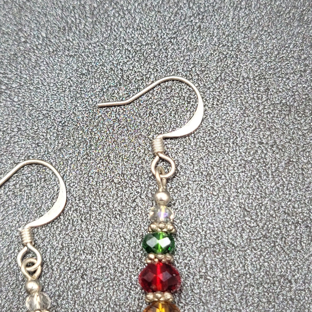 Pierced Earrings Green Red Yellow Crystal Bead Dangle Silver tone 1.25"