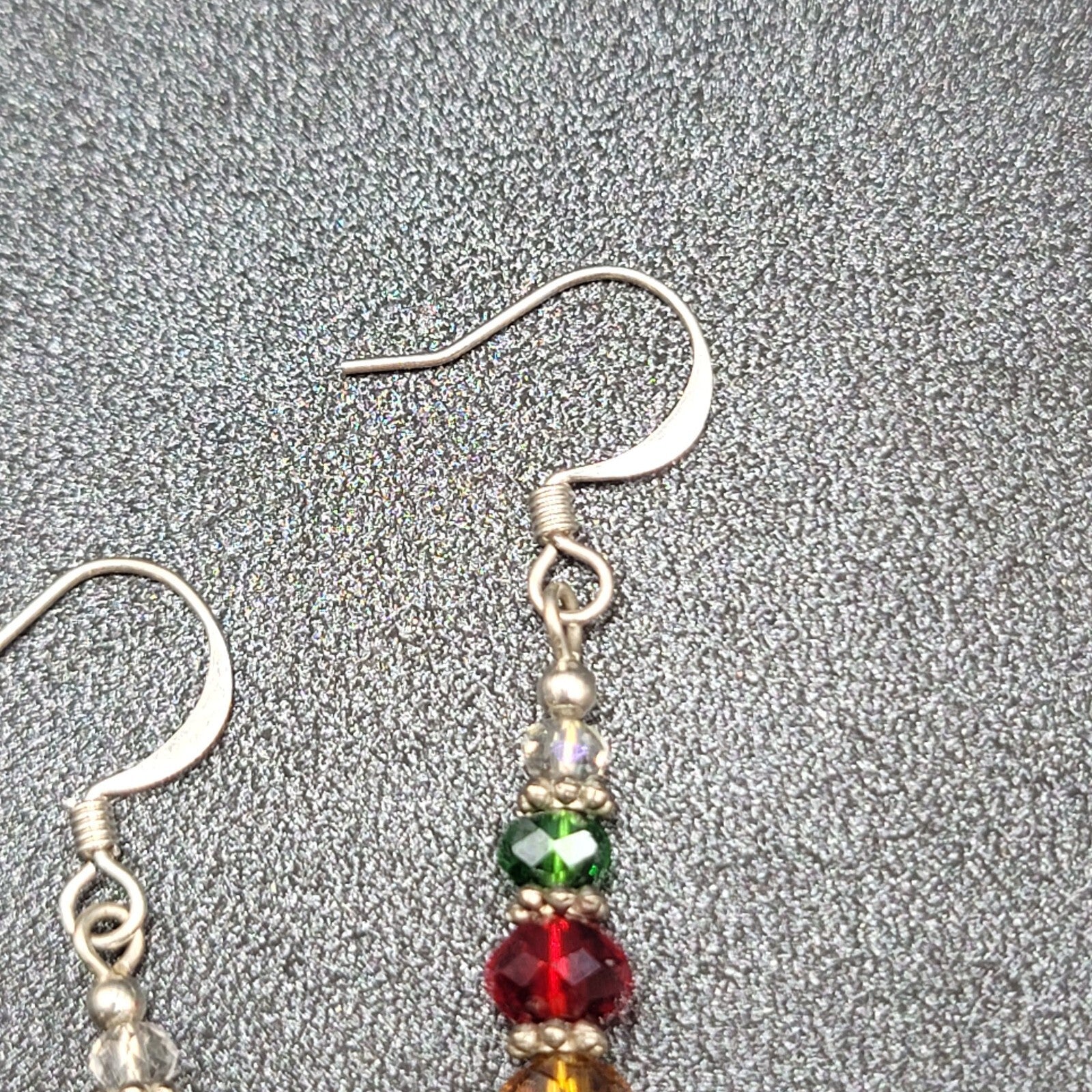 Pierced Earrings Green Red Yellow Crystal Bead Dangle Silver tone 1.25"