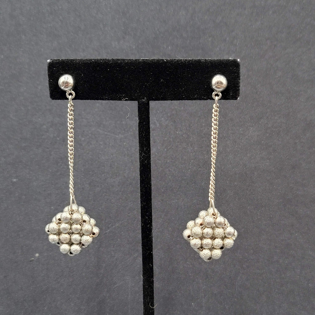 Vintage Pierced Earrings Silver tone Bead Cluster Dangle Unique 2.5"