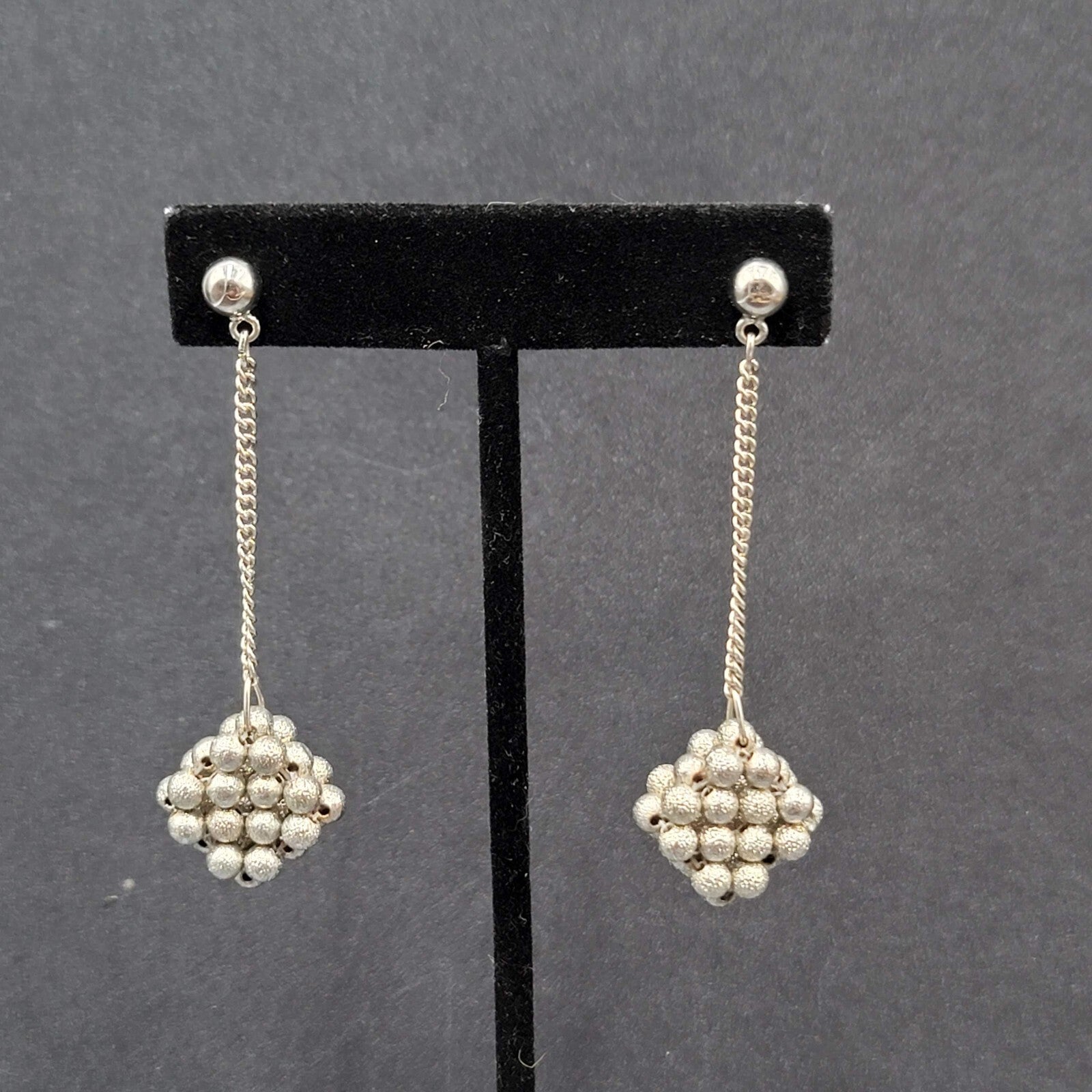 Vintage Pierced Earrings Silver tone Bead Cluster Dangle Unique 2.5"