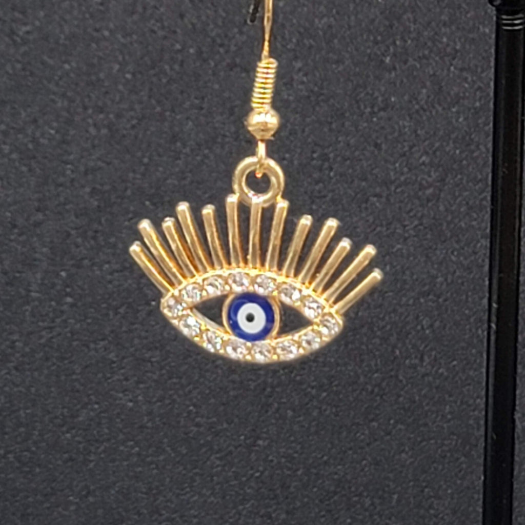 New Evil Eye Pierced Earrings Gold tone Enamel Dangle Eyelashes 5/8"
