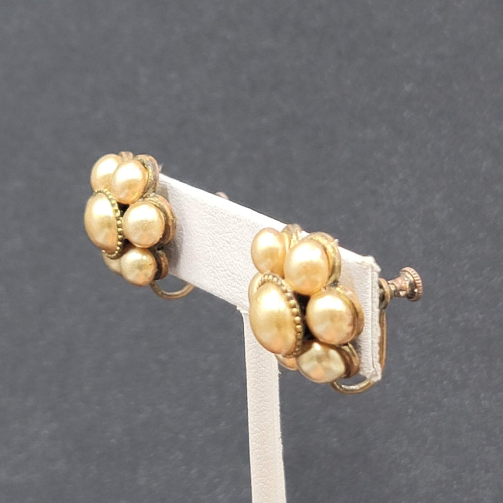 Vintage Clip on Earrings Bronze tone Gold Bead Flower Screw Back Studs 3/4"