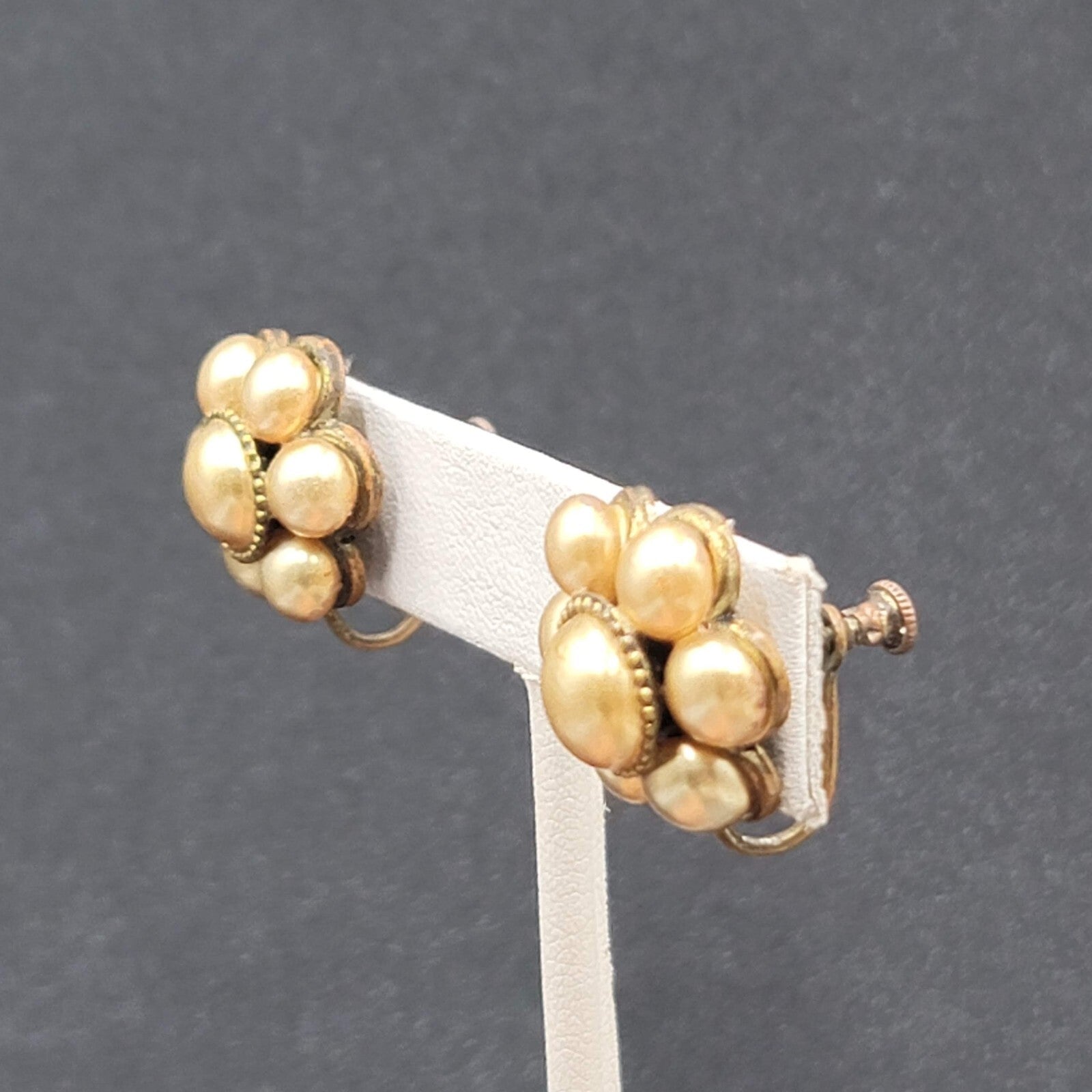Vintage Clip on Earrings Bronze tone Gold Bead Flower Screw Back Studs 3/4"