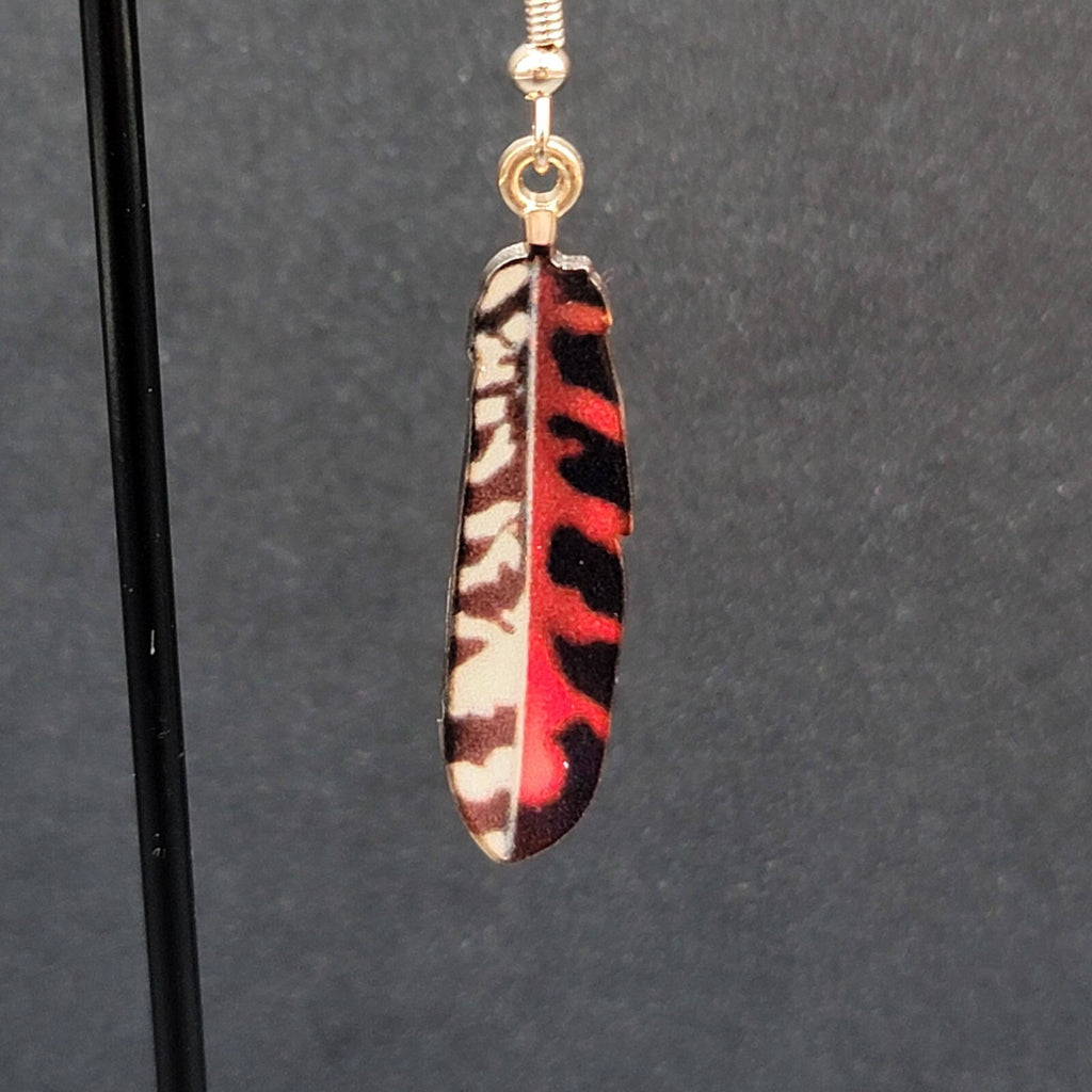 Metal Feather Pierced Earrings Red Black White Gold tone Dangle 1.5"