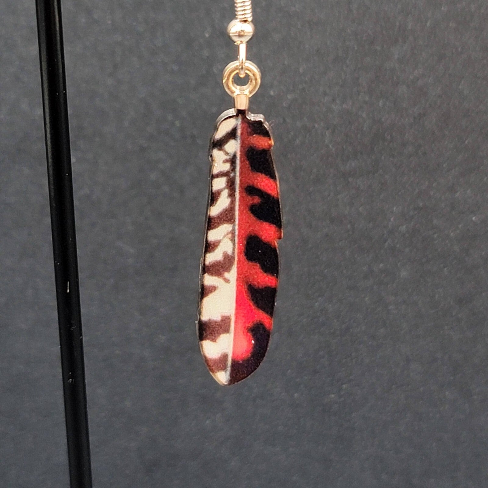 Metal Feather Pierced Earrings Red Black White Gold tone Dangle 1.5"